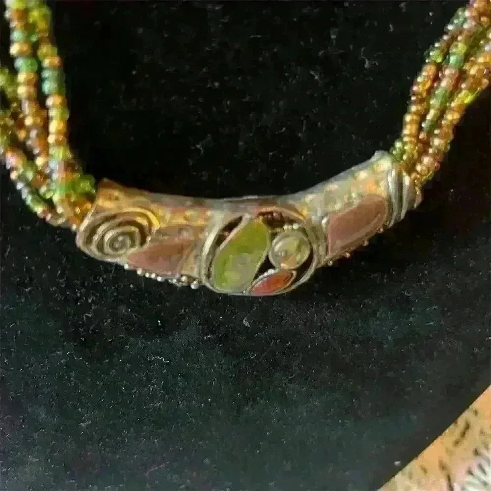 Vintage Multi-Strand Green Seed Bead Necklace w/ Enameled Rhinestone Enhancer